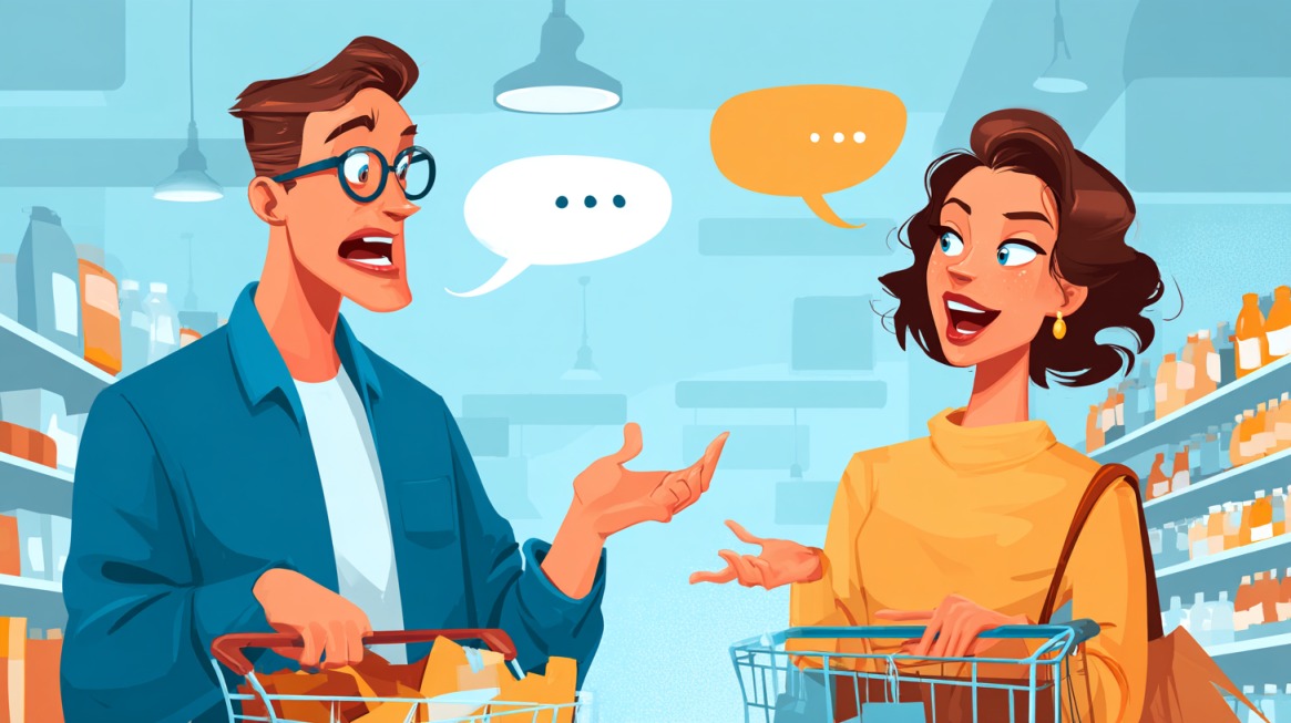 Ilustracija muškarca i žene koji razgovaraju u supermarketu sa korpama u rukama i oblačićima govora iznad njih