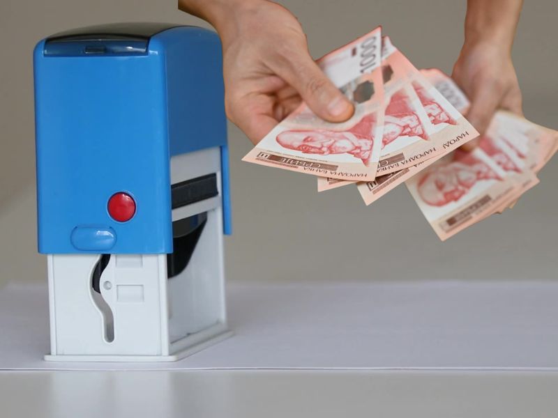 Papir sa pečatom na stolu, iznad ruke koje drže srpski novac