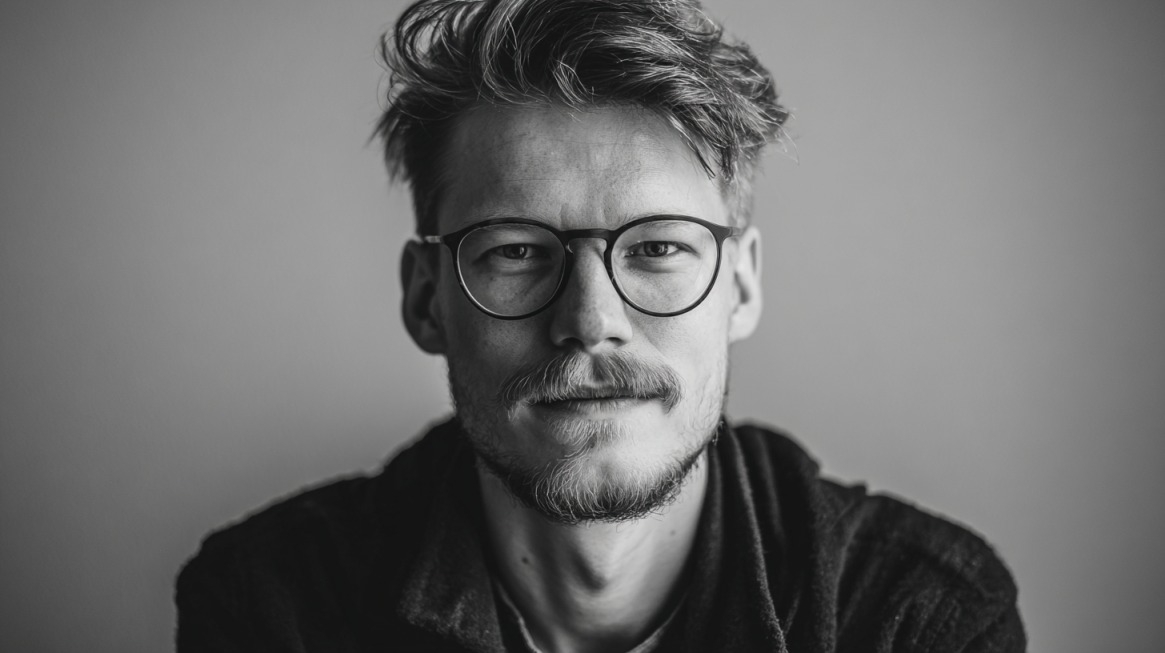 Portret muškarca sa naočarima u crno-beloj tehnici, snimljenog u profesionalnom, ali opuštenom okruženju