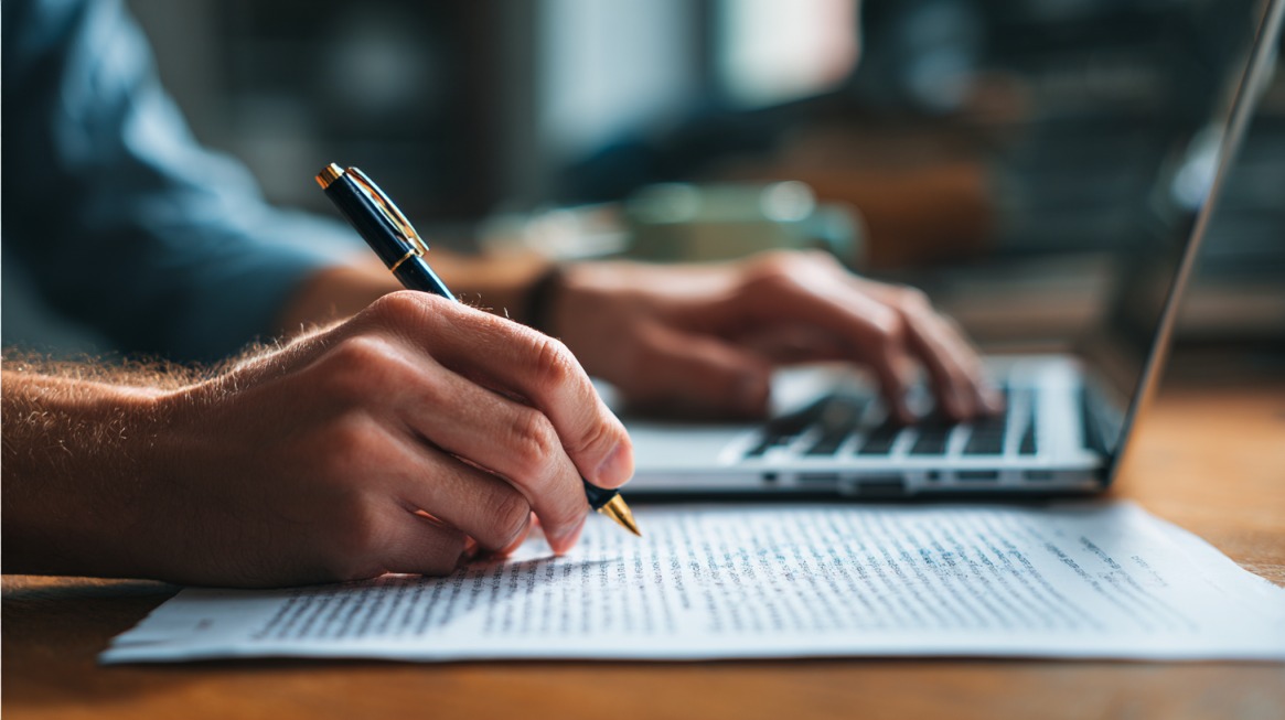 Osoba piše na papiru dok koristi laptop, fokusirana na izradu teksta i digitalni copywriting