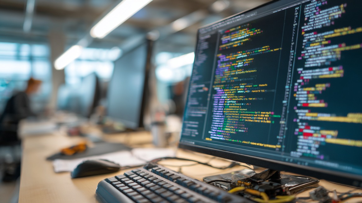 Monitor sa prikazanim kodom u programerskom okruženju, u modernoj kancelariji sa radnim stolovima i računarima