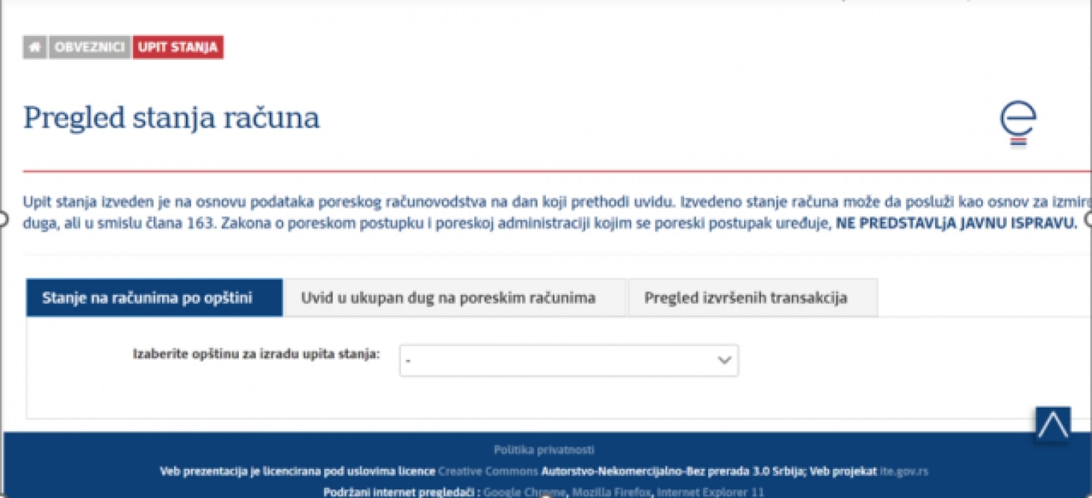 Detaljan prikaz poreskog računa na portalu eUprava sa opcijama pregleda i plaćanja