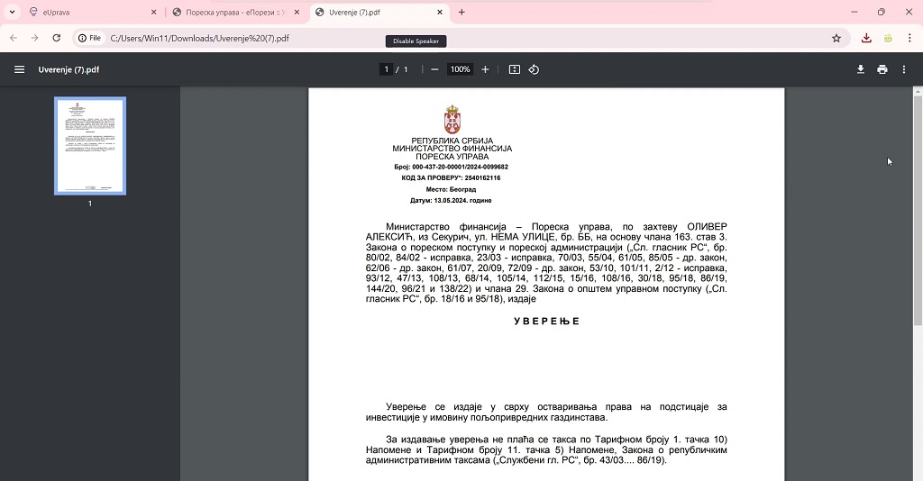 Skeniran prikaz poreskog uverenja Ministarstva finansija u PDF formatu