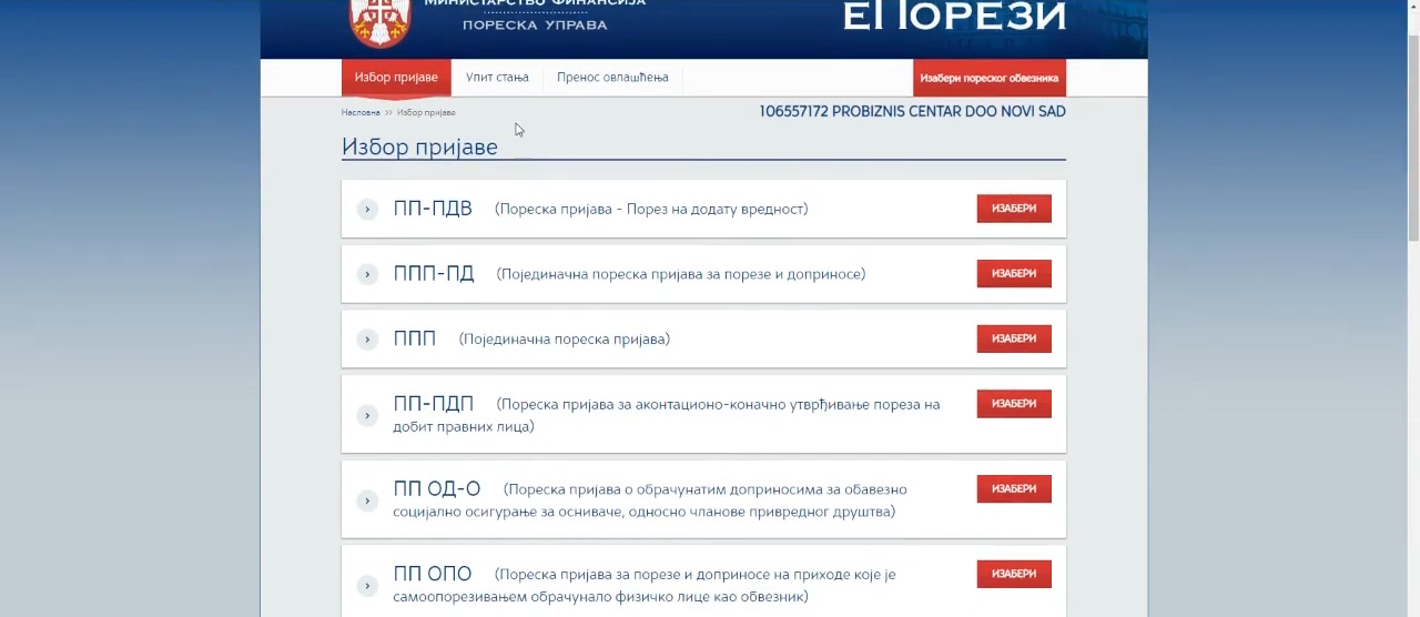 Prikaz menija portala Poreske uprave sa listom poreskih prijava