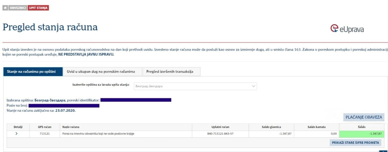 Pregled stanja računa na LPA portalu sa opcijama izbora opštine i pregleda transakcija