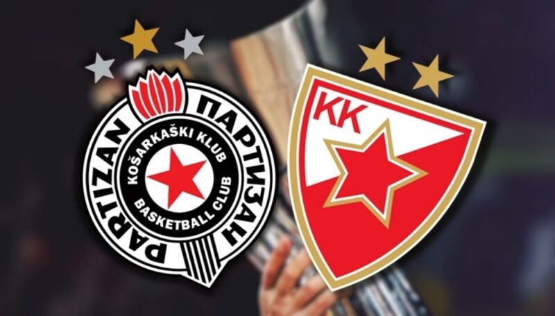 Grbovi Partizana i Crvene zvezde ispred pehara kao simbol učešća u Evroligi