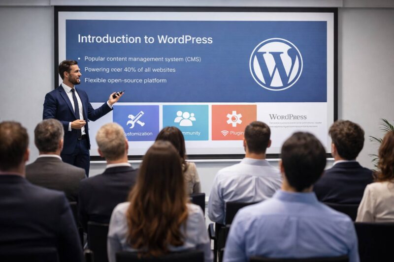 Prezentacija wordpress-a koju drzi strucnjak, dok ga posetioci posmatraju