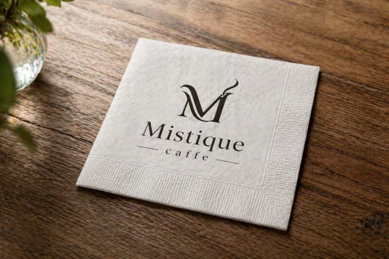 Papirna salveta sa logotipom Mistique caffe na drvenom stolu