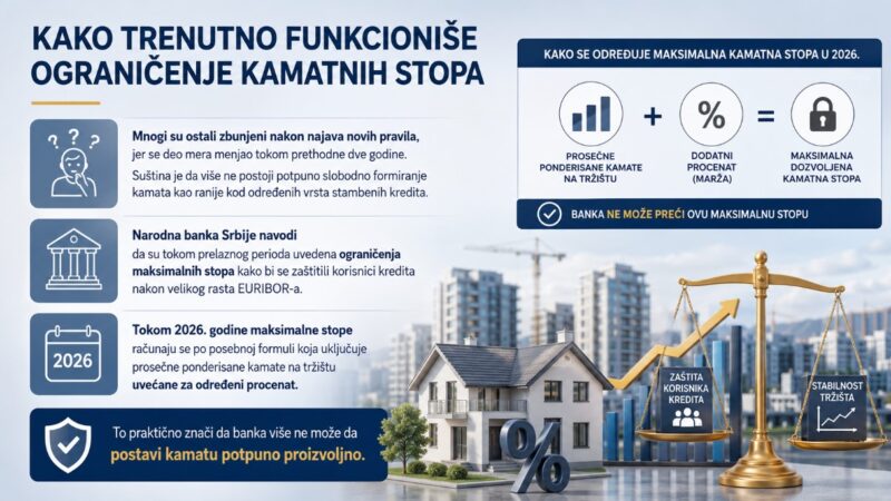 Infografik o ograničenju kamatnih stopa za stambene kredite u Srbiji tokom 2026. godine, sa prikazom formule za obračun maksimalne kamate, tržišta nekretnina, kuće i finansijskih simbola.
