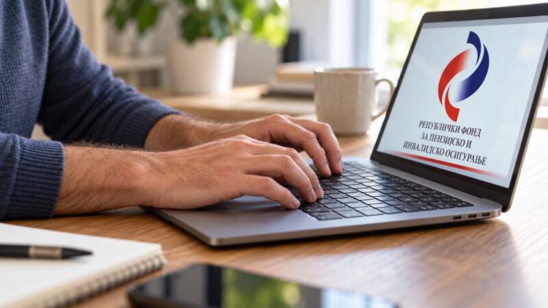 Muške ruke na tastaturi laptopa tokom pregleda podataka u PIO evidenciji