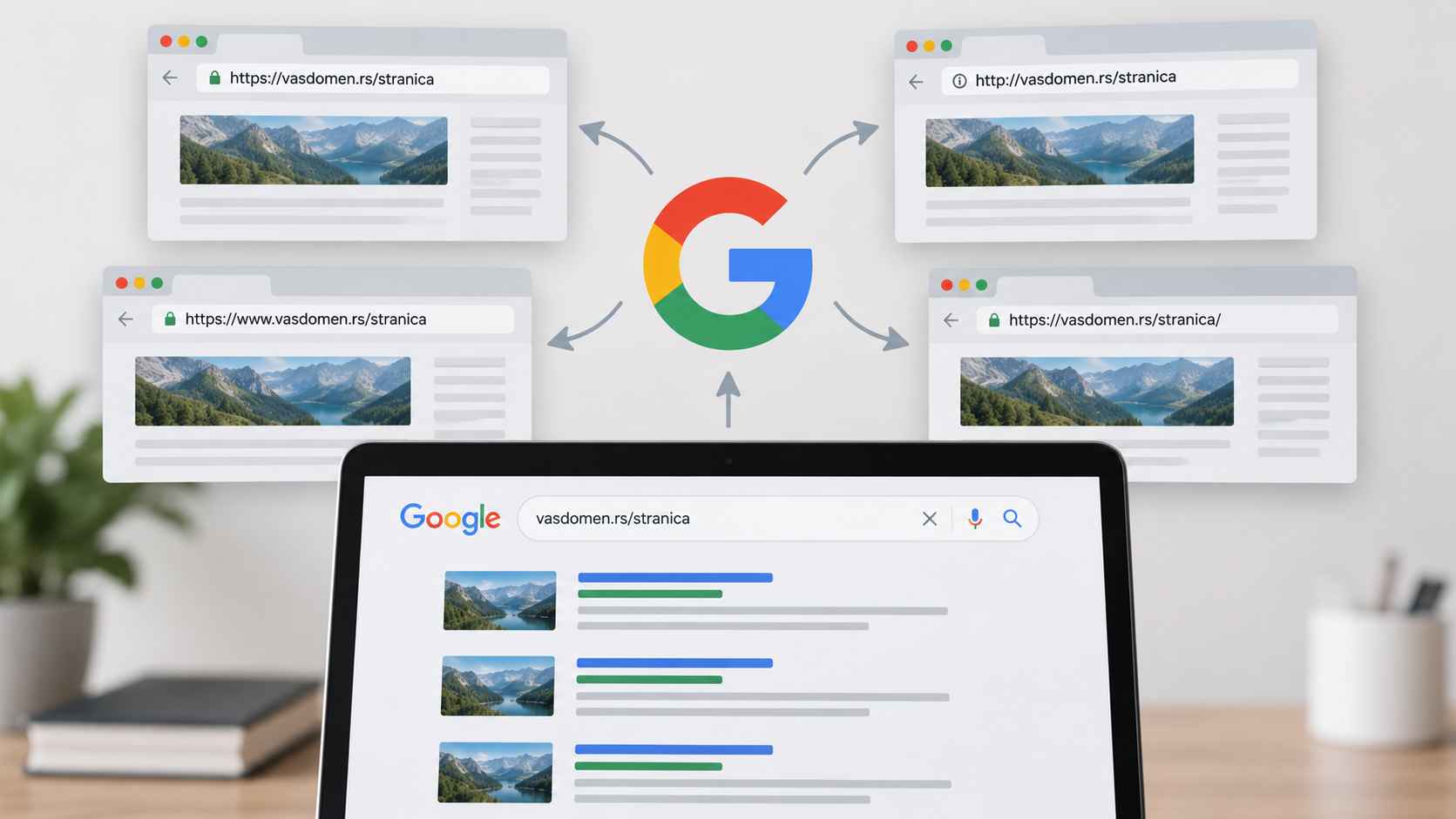 Ilustracija više URL adresa sa istim sadržajem koje Google prepoznaje kao duplirane stranice.