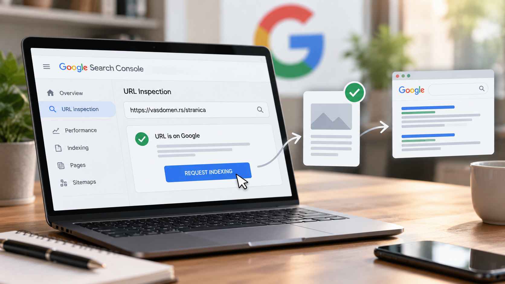 Google Search Console sa opcijom za ponovno slanje zahteva za indeksiranje stranice.