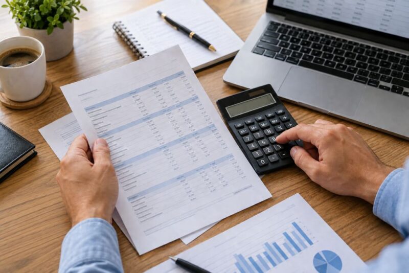 Preduzetnik pomoću kalkulatora obračunava ličnu zaradu na osnovu finansijskih tabela.