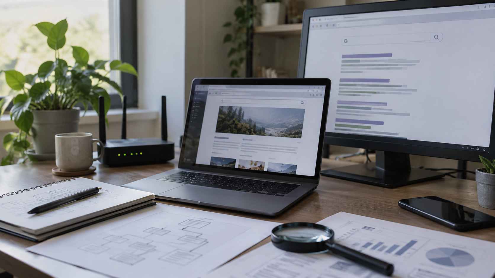 Laptop sa otvorenim sajtom i monitor sa rezultatima Google pretrage tokom provere indeksiranja.