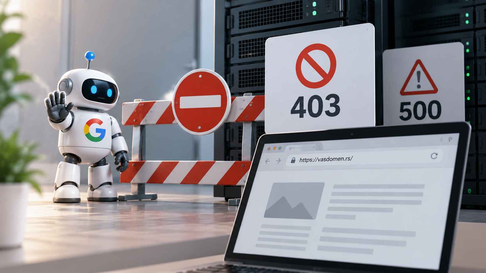 Ilustracija Googlebota kojem serverske greške 403 i 500 onemogućavaju pristup sadržaju sajta.
