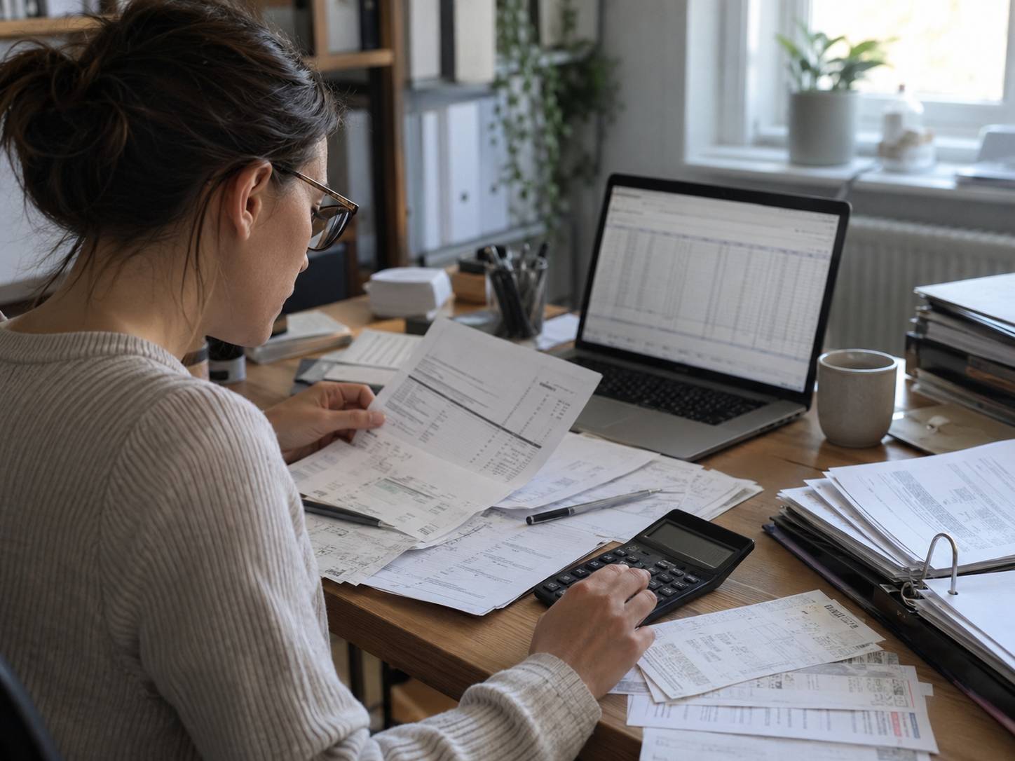 Žena obračunava PDV koristeći fakture, kalkulator i računovodstvenu evidenciju.