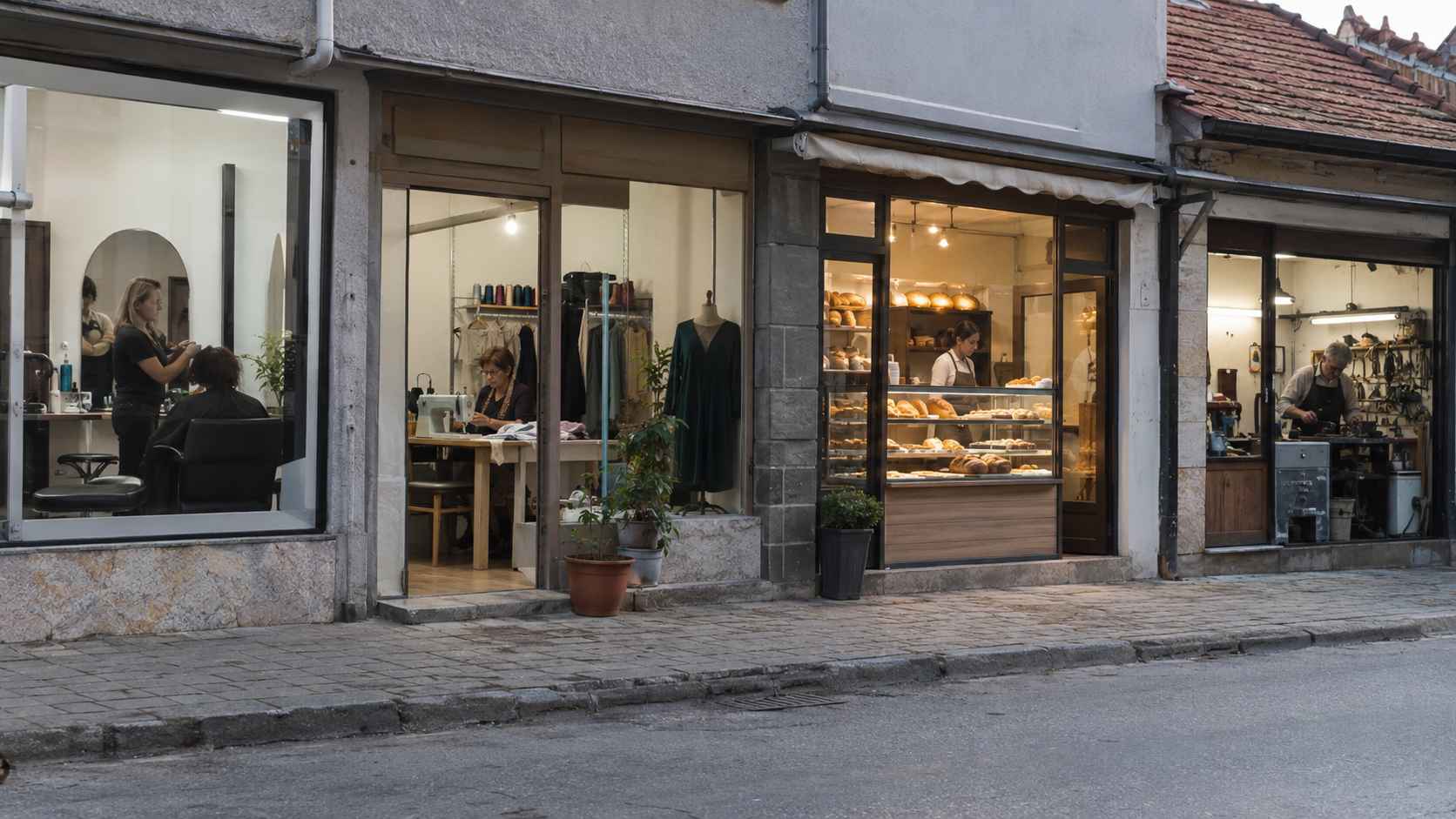 Frizerski salon, krojačka radionica, pekara i zanatska radnja u ulici malih preduzetnika.